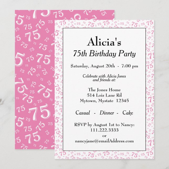 Invitación 75.ª fiesta de cumpleaños Patrón de números rosa y (Anverso / Reverso)