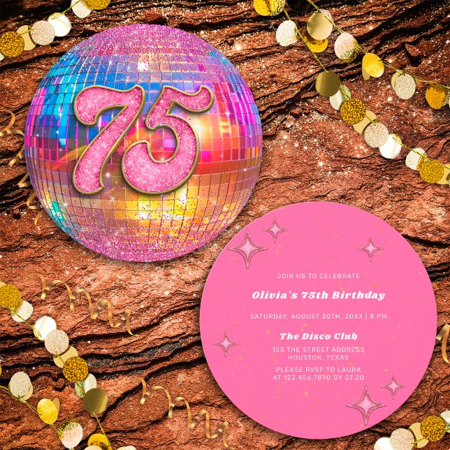 Invitación 75.ª fiesta de cumpleaños Purpurina rosado dorado  (Front/Back)