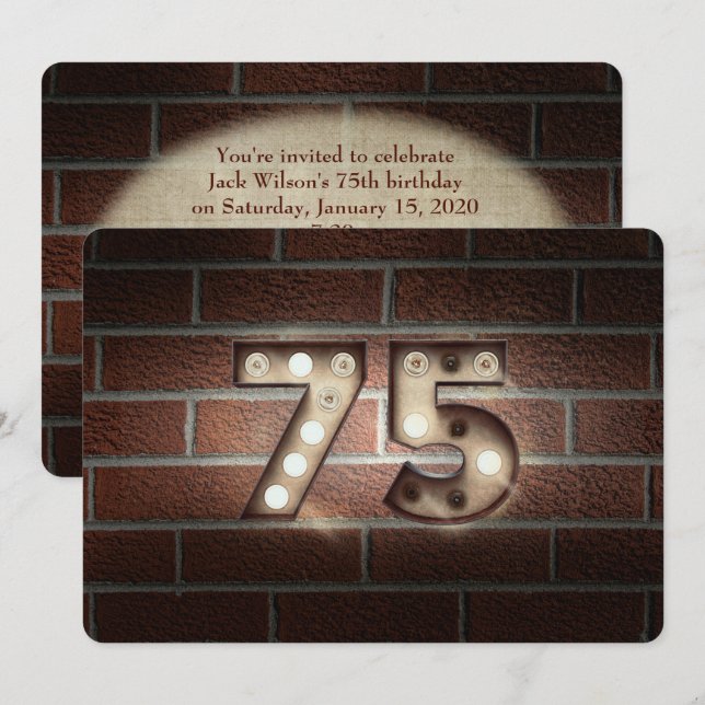 Invitación 75.ª luz de marquesina de cumpleaños en ladrillo (Anverso / Reverso)
