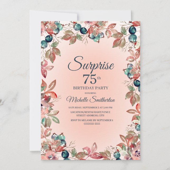 Invitación 75.ª natalidad: Hojas florales Verde azuladas rosa (Anverso)