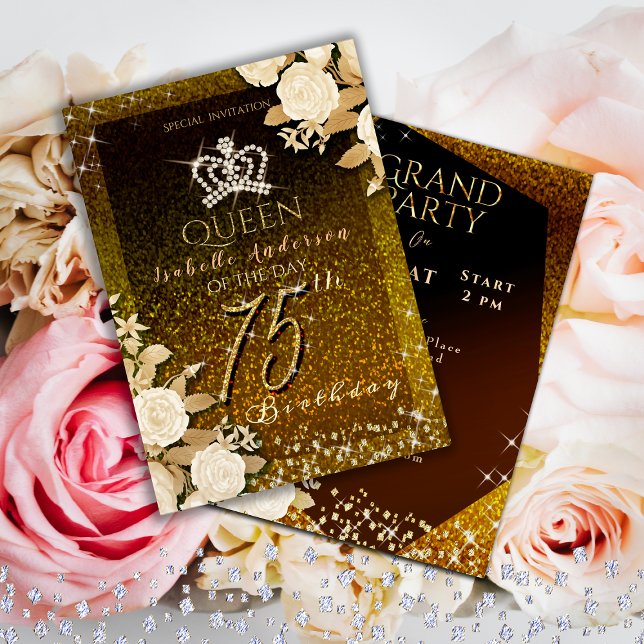 Invitación 75.º cumpleaños dorado de la corona (Elegant crown birthday Invitation card for your mom or grandmother for her special 75th birthday.)