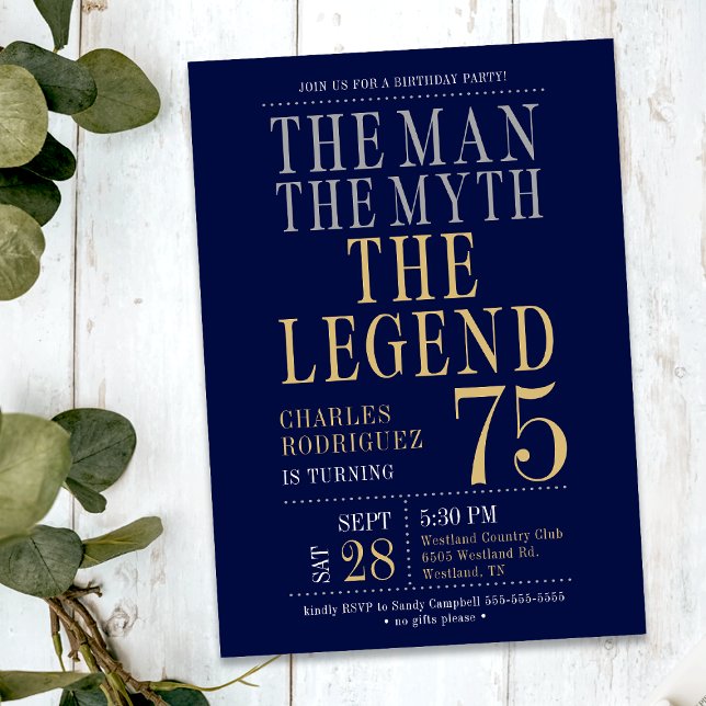 Invitación 75.º cumpleaños El hombre el mito la leyenda (Subido por el creador)