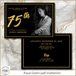 Invitación 75.º cumpleaños Elegante foto Black Faux Gold Leaf