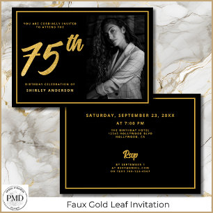 Invitación 75.º cumpleaños Elegante foto Black Faux Gold Leaf