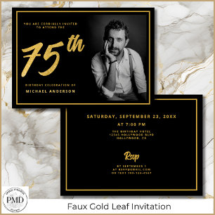 Invitación 75.º cumpleaños elegante foto oro negro