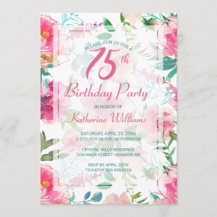 Invitación 75.º cumpleaños Fiesta de peonía rosa floral tropi