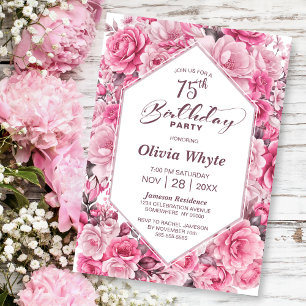 Invitación 75.º cumpleaños Fiesta Floral Rosa Rosa Rosa