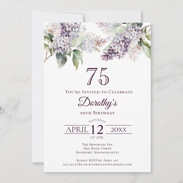 Invitación 75.º cumpleaños Flor Lilac Morada Primavera (Anverso)