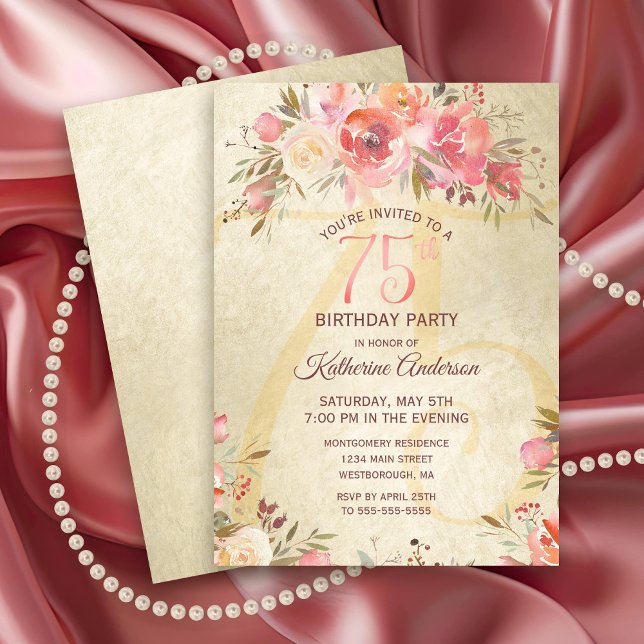 Invitación 75.º cumpleaños Floral Roses rosadas Fiesta de bañ (Vintage Pink Rose Gold Shimmer 75th Birthday Party Invitation)