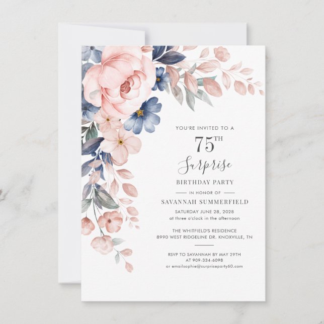 Invitación 75.º cumpleaños Foliage botánico con flor rosa (Anverso)