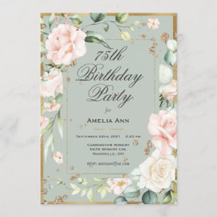 Invitación 75.º cumpleaños Sage Green Gold acuarela Floral 