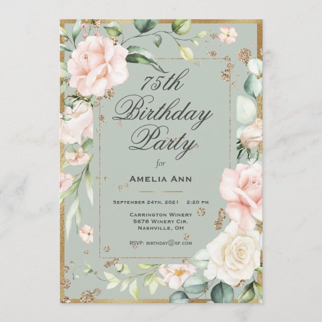 Invitación 75.º cumpleaños Sage Green Gold acuarela Floral (Anverso)