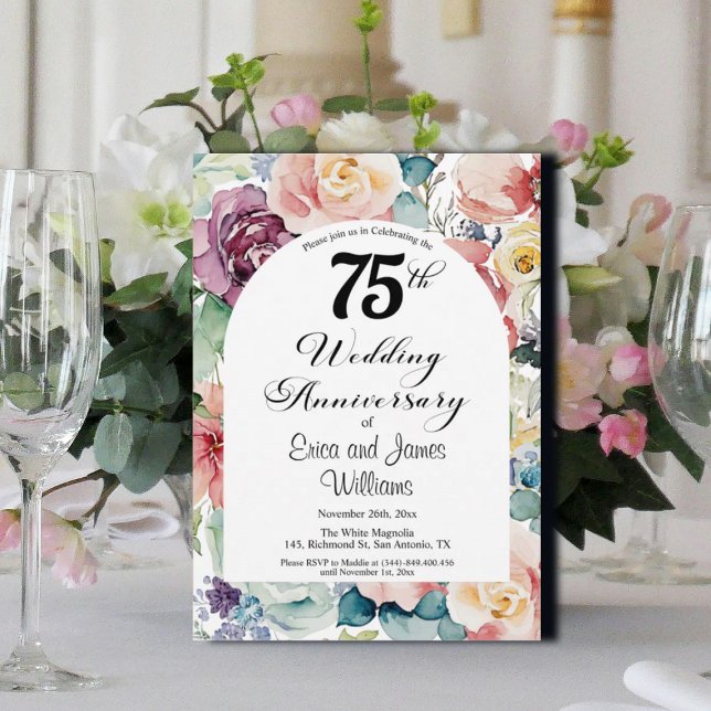 Invitación 75° Aniversario Boda Elegante Script Floral (Subido por el creador)