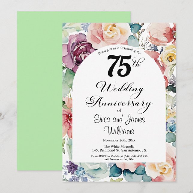 Invitación 75° Aniversario Boda Elegante Script Floral (Anverso / Reverso)