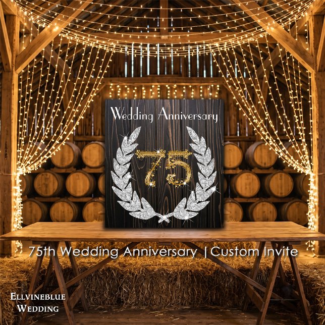 Invitación 75 Aniversario de Boda | Madera Rústica y Oro (75th Wedding Anniversary Invite | Rustic Wood & Diamond Laurel. Size: 5.25” x 5.25”)