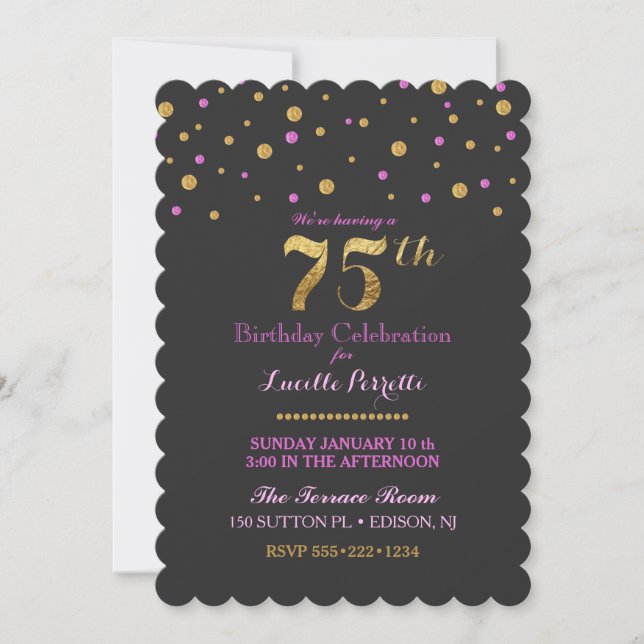 Invitación 75 Aniversario del Oro Puntos de Confetti Rosa (Anverso)