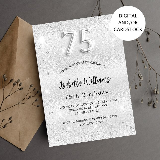 Invitación 75 años purpurina de plata elegante (Subido por el creador)
