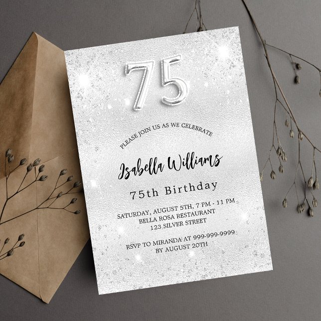 Invitación 75 años purpurina plata lujo elegante (Subido por el creador)