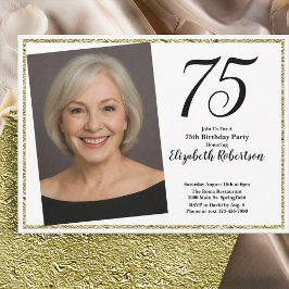 Invitación 75 Cumpleaños Foto Personalizada Blanco y Dorado