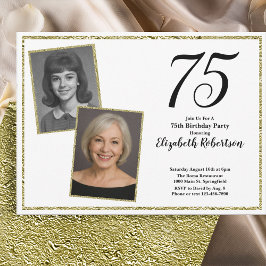 Invitación 75 Cumpleaños Personalizado Foto Blanco y Dorado