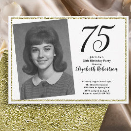 Invitación 75 Cumpleaños Personalizado Foto Blanco y Dorado