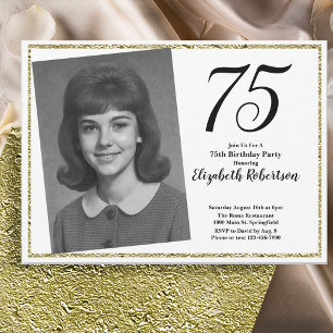 Invitación 75 Cumpleaños Personalizado Foto Blanco y Dorado