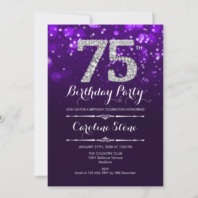 Invitación 75° cumpleaños - Plata morada (Anverso)
