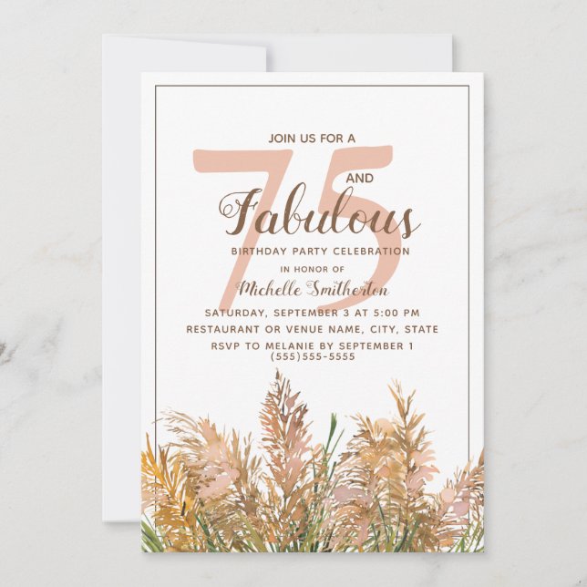 Invitación 75 Fabuloso Pasto de las Pampas en Cumpleaños Blan (Anverso)