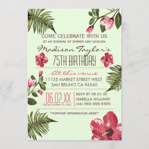 Invitación 75 Fiesta Hibiscus exótico y hojas de palmas tropi