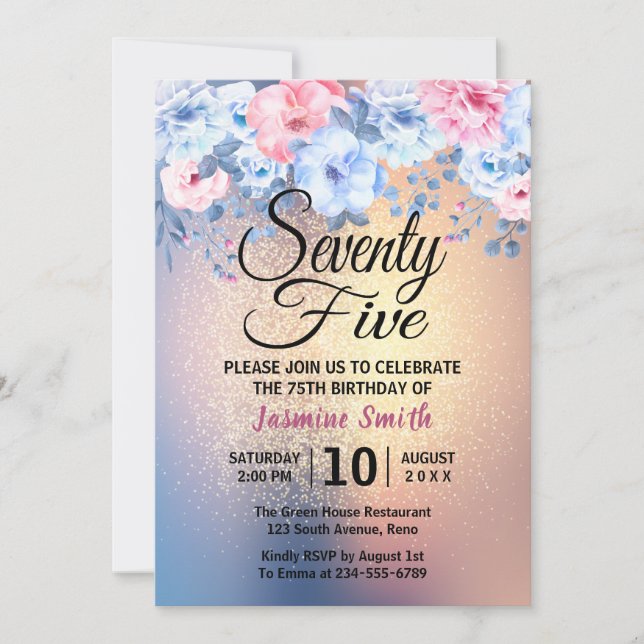 Invitación 75.o cumpleaños del purpurina floral moderno del (Anverso)