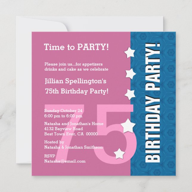 Invitación 75a. Novedades de cumpleaños divertidas A75A PINK (Anverso)