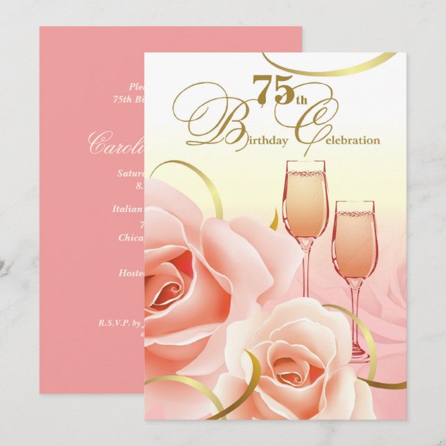 Invitación 75th Birthday Celebration. Pink Peach Roses (Anverso / Reverso)