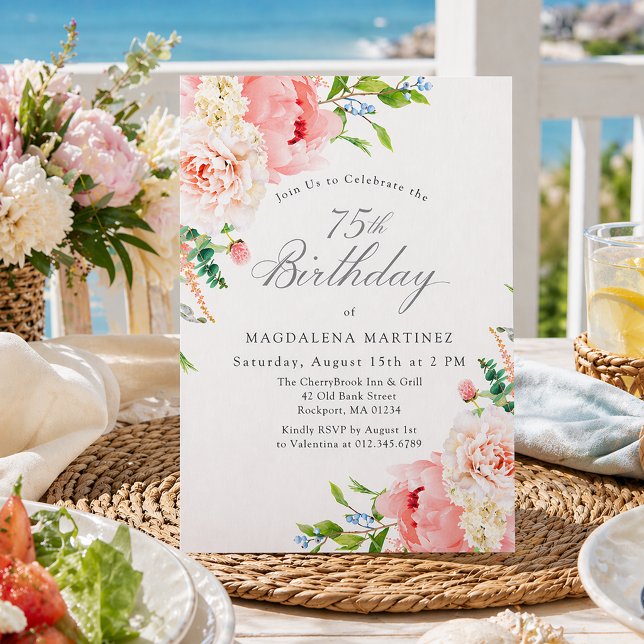 Invitación 75th Birthday Party Feminine Pink Roses Floral (Subido por el creador)