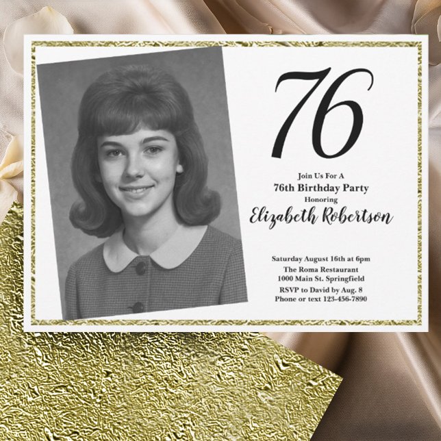 Invitación 76 Cumpleaños personalizado en blanco y dorado  (Subido por el creador)