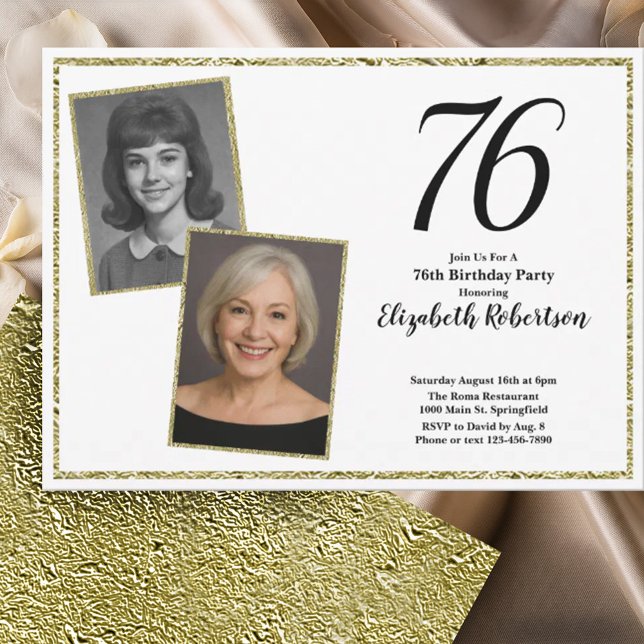 Invitación 76 Cumpleaños personalizado en blanco y oro  (Subido por el creador)