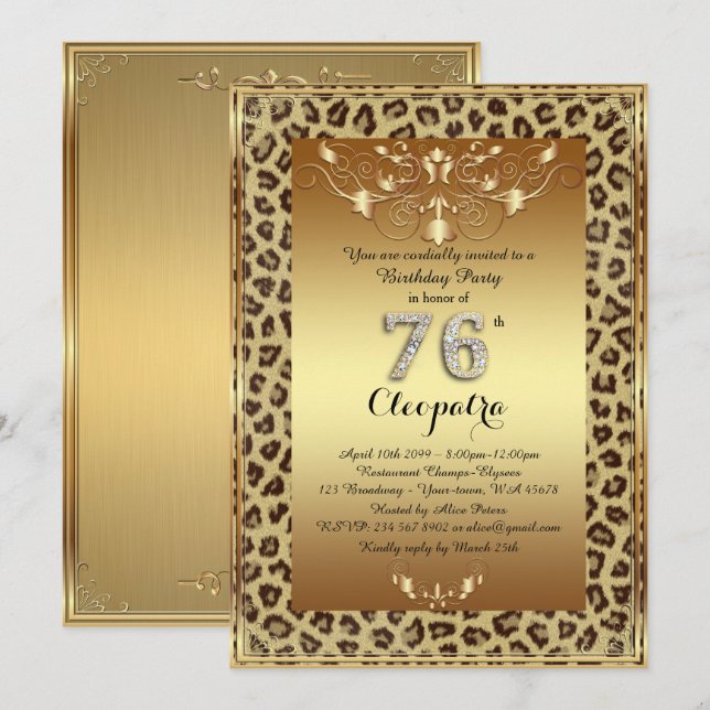 Invitación 76, Fiesta de Cumpleaños 76, Oro Chita Real más (Anverso / Reverso)