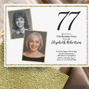 Invitación 77ª Foto Personalizada Blanco y Dorado