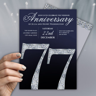 Invitación 77º Aniversario Diamante Plateado Azul Marino Mode