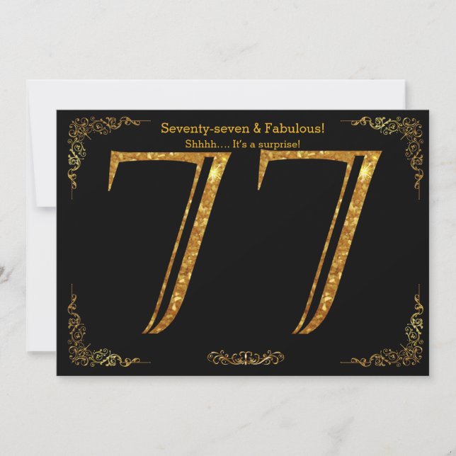Invitación 77 cumpleaños, Gatsby styl, purpurina de oro negro (Anverso)