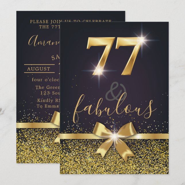 Invitación 77 elegantes y cumpleaños del purpurina fabuloso (Anverso / Reverso)