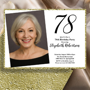 Invitación 78 Cumpleaños Foto Personalizada Blanco y Dorado