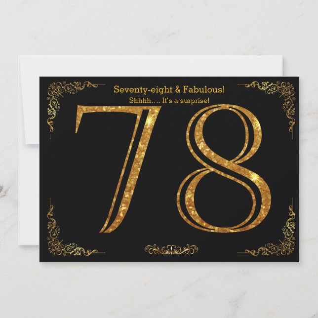 Invitación 78 cumpleaños, Gatsby styl, purpurina de oro negro (Anverso)