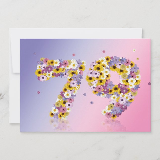 Invitación 79.ª fiesta de cumpleaños, con letras con flores (Anverso)