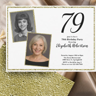 Invitación 79 Cumpleaños personalizado en blanco y dorado 