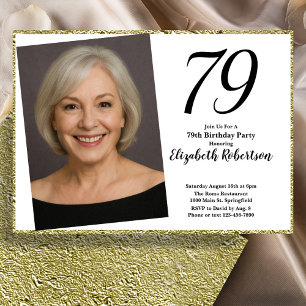 Invitación 79 Cumpleaños Personalizado Foto Blanco y Dorado
