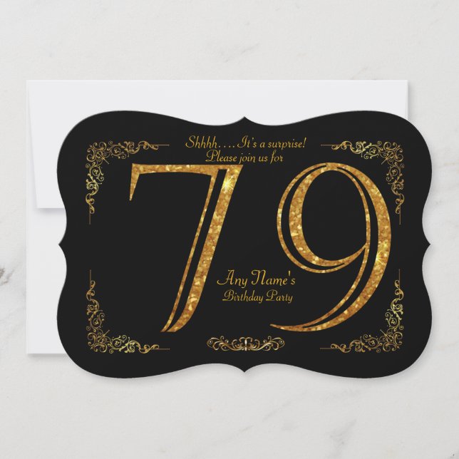Invitación 79,Fiesta de cumpleaños 79,gran Gatsby, negro y or (Anverso)
