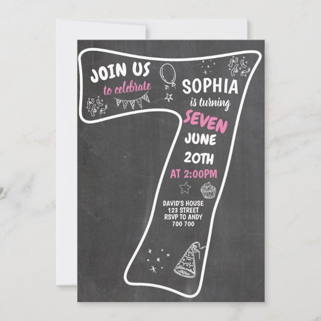 Invitación 7.ª Chica de cumpleaños número rosa Chalkboard (Anverso)