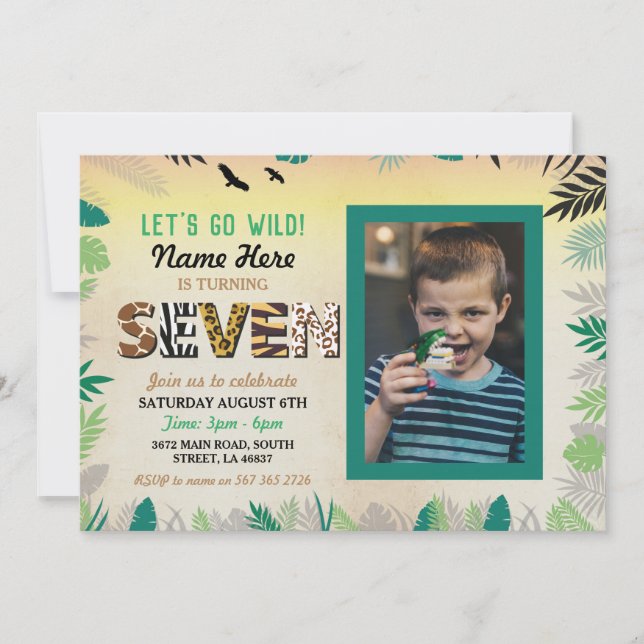 Invitación 7.ª festividad de siete cumpleaños Safari ZOO Foto (Anverso)