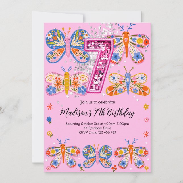 Invitación 7.ª mariposa de cumpleaños (Anverso)