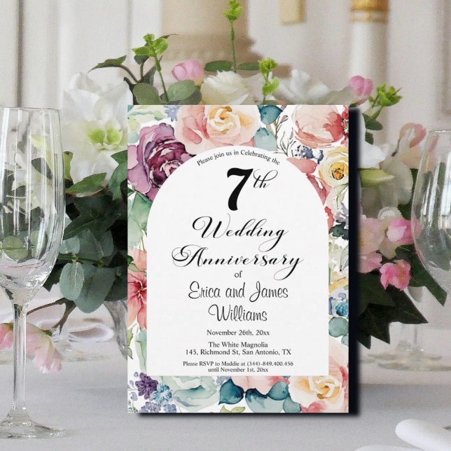 Invitación 7.º Aniversario Boda Elegante Script Floral (Subido por el creador)